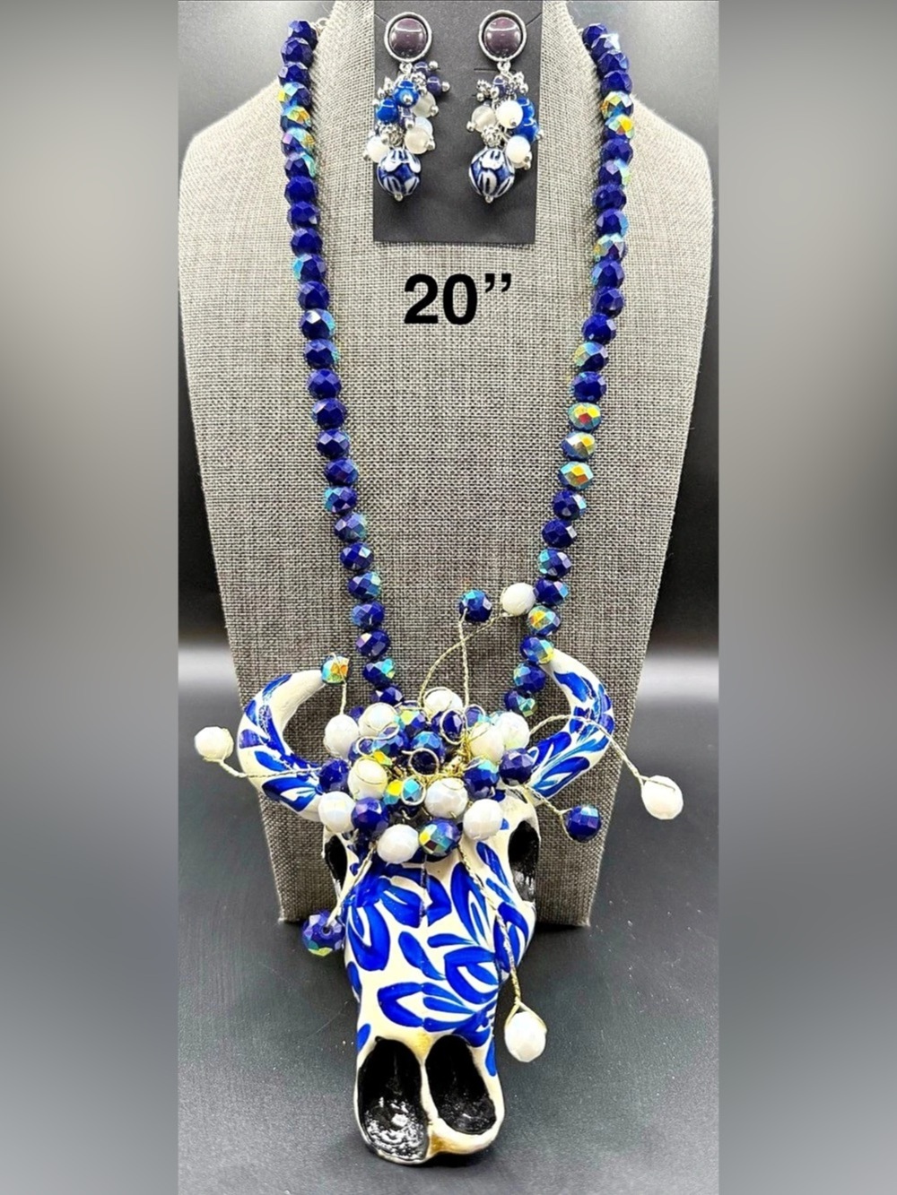 Handcrafted Southwestern Blue Bull Skull Cluster Necklace and Dangle Earring Set
